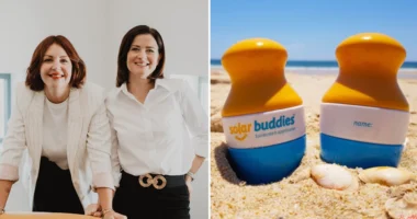 A school-run chat about suncream led mum Kelli Aspland to build a £5.5 million global business - after Dragons' Den stars Deborah Meaden and Peter Jones backed her idea.